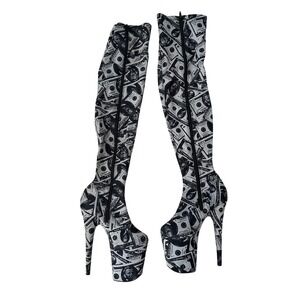 Pleaser Flamingo-3000DP Money Print Thigh High Platform Boots Black White 8 Inch